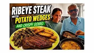 Ribeye steak with chunky seasoned potato wedges and crispy ochroes