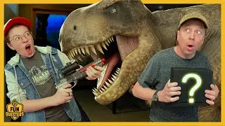 Jurassic T-Rex Dinosaur Chases and Battles LB & Aaron the FunQuesters & Their Plasma Blaster!