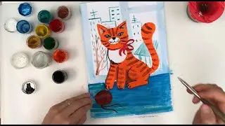 Как нарисовать котика. Рисуем кота гуашью. Кот на окне. Урок рисования. Рисуем вместе.