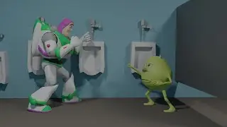 Mike Wazowski VS Buzz Lightyear battle for the urinal