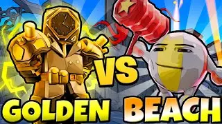 GOLDEN FUTURE LARGE CLOCKMAN VS TITAN BEACH BALL MAN! (Toilet Tower Defense)!