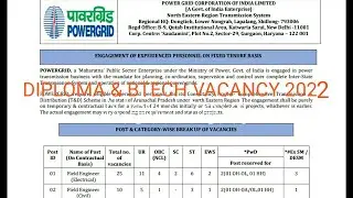 PGCIL NER DIPLOMA BTECH VACANCY 2022 FIELD ENGINEER & FIELD SUPERVISOR !