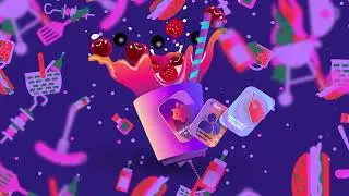 A fruit cocktail is spattered out of a cup and a pattern of fast food icons
