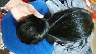Beautiful thick oily long hair huge bun kising & smelling | longhair big bun drop@LonghairQueen99
