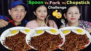 SPOON VS FORK VS CHOPSTICKS CHALLENGE WITH BLACKBEAN NOODLES  SUNNY SIDE UP @BudaBudiVlogs