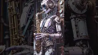 steampunk robot singing on the saxophone cyber Rider - time loop retrowave chillwave  synthwave