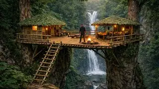 Building a Large Elevated Survival Shelter with Fire Kitchen | Safe Living Above the Ground