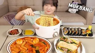 Cooking Mukbang :) Tuna gimbap, toast, tteokbokki, spicy ramen.