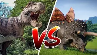 BATTLE OF THE DINOSAURS. TYRANNOSAUR REX versus STEGOCERATOPS. Dinosaurs Jurassic World Evolution