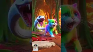 rainbow cat chased by white snake + white tiger 