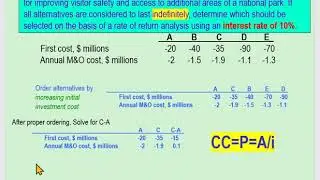 ROR Analysis – Multiple Alternatives  using CC (Capital Cost= P=A/i)