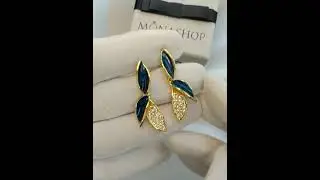 Серьги-подвески Листва с синей эмалью и кристаллами