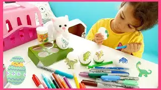 Yeni Kedi Oyuncak ve Yumurta Boyama Dinozorlar| Renkli Kalemlerle Yumurta Boyama| Çocuk Videosu