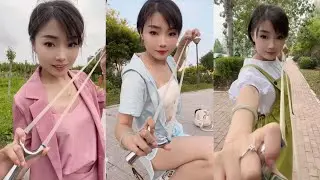 wow amazing girl use slingshot like pro,slingshot skill,slingshot shooting part 132
