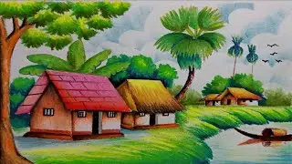How to draw easy scenery drawing with oil pastel landscape village scenery drawing step by step