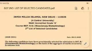 2nd list | BSc bioscience and BSc biotechnology | Jamia