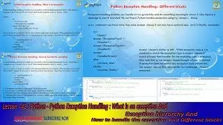 Lesson - 42 : Python3 - Python Exception Handling : Exception, Hierarchy, Handling, Different blocks