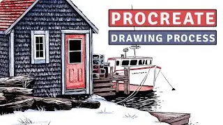 Atlantic fishing hut illustration time-lapse process - Procreate digital drawing ink + gouache brush