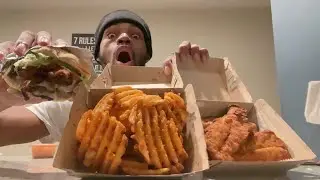 delicious mukbang! cheddar bacon cheeseburger waffles fries & chicken tenders!