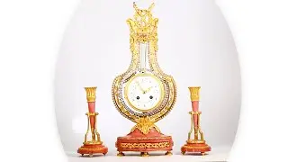 Antique Clock 1900's Marble French Ormolu Lyre Garniture with Swinging Pendulum (Sound and striking)