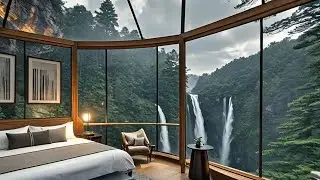 瀑布景观房的舒适睡眠  Comfortable Sleep in a Waterfall View Room タイトル：滝の見える部屋での快適な睡眠  제목: 폭포 뷰 객실에서의 편안한 잠