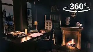 VR 360° Dark Academia Old Room with Fireplace & Thunderstorm