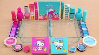 Pink vs Teal Blue- Mixing Makeup Eyeshadow Into Slime ASMR
