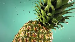 Super slow motion water drips on rotating Pineapple. On a blue background.