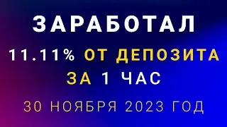 Заработал 23 ноября 2023 года 11,11% от депозита за 1 час