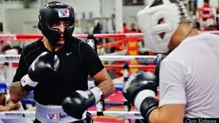 Floyd Mayweather watches as undefeated prospects Juan Heraldez and Cesar Quinonez spar in Las Vegas