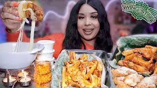 ASMR WINGSTOP VOODOO FRIES, HOT HONEY WINGS, GARLIC PARMESAN TENDERS CORN EATING SOUNDS MUKBANG
