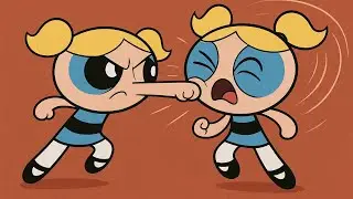 Bubbles from the original Powerpuff Girls punches her reboot version 