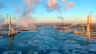 Frozen Detroit River, New Bridge, Old Bridge, Skyline (Jan2024)