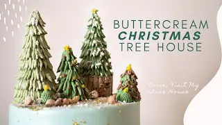 Holiday Buttercream piping tutorial, Christmas tree house decorating tutorial, relaxing holiday cake