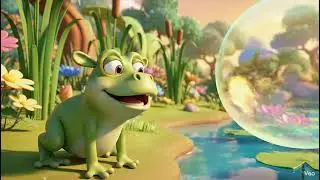 Funny Green Frog Cartoon playing with bubbles.