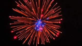 4 inch shell. Gold rain to red with blue pistil (consumer firework)