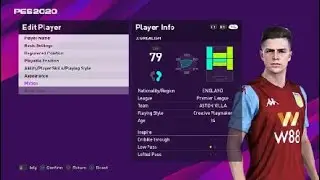 Jack Grealish face e football pes 2020 Aston Villa