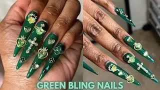 FIRST TIME TRYING LONG STILETTO/ALMOND NAILS | Green Bling Nails | Gel X Method