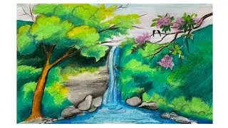 Waterfall Scenery drawing / BEAUTIFUL OIL PASTEL SCENERY/Natural scenery drawing