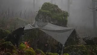No tent, No sleeping bag - survival camping under rocks in a rainstorm