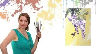 Рисуем глицинию с колибри акрилом или гуашью