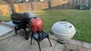 Orange Akorn Kamado Jr Grill.. Steak, Mac & Cheese, and Asparagus.