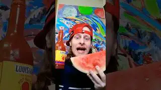 Louisiana hot sauce on watermelon! #shorts #hotsauce #watermelon #eating