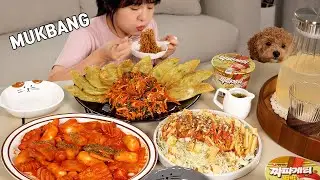 Cooking Mukbang :) Jjapagetti, Whelk & Vegetable Dumplings, Tomato Tteokbokki, Apple Salad