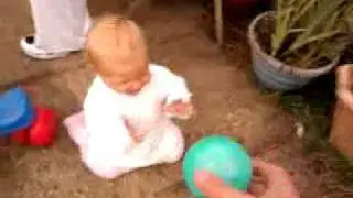 Dog takes babies ball and she laughs