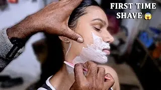 First Time Female Face Shaving 😍 | Street Barber Face Cleaning ASMR 💈Acupressure