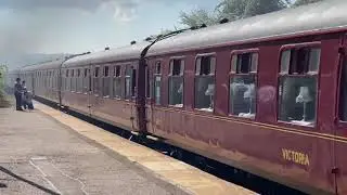 Steam Train, locomotive Leander LMS 45690, whistles at speed, passing Bamford station, Hope Valley