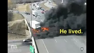 Truck crashes, immediately explodes (caught on camera)