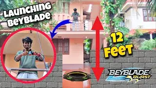 I launched a beyblade from 12 FEET height to Make beyblade FLY !
