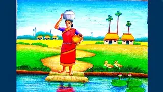 Village landscape scenery drawing with women step by step/Village drawing with working lady